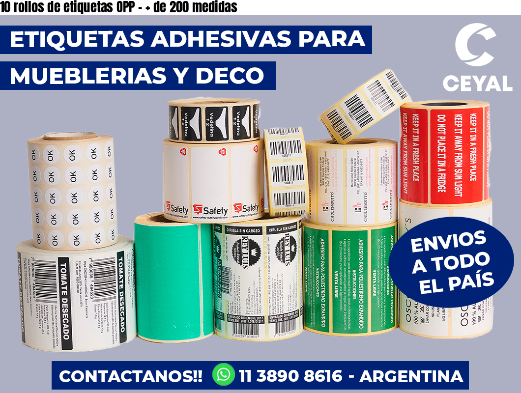 10 rollos de etiquetas OPP - + de 200 medidas