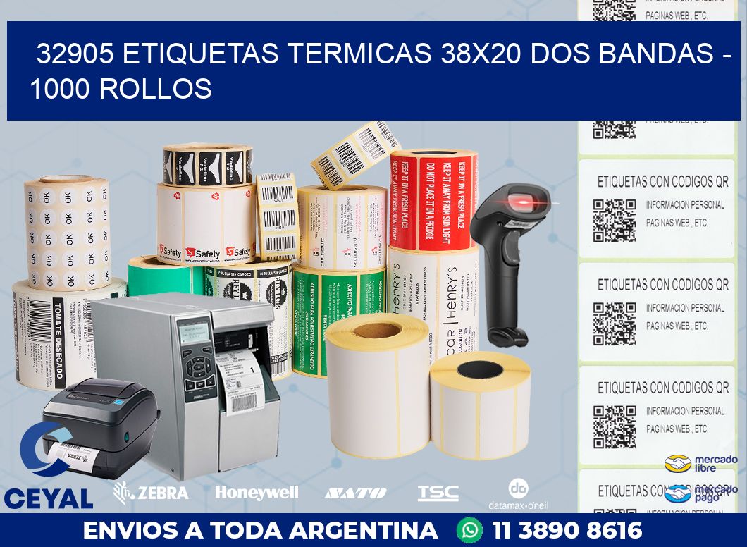 32905 ETIQUETAS TERMICAS 38X20 DOS BANDAS - 1000 ROLLOS