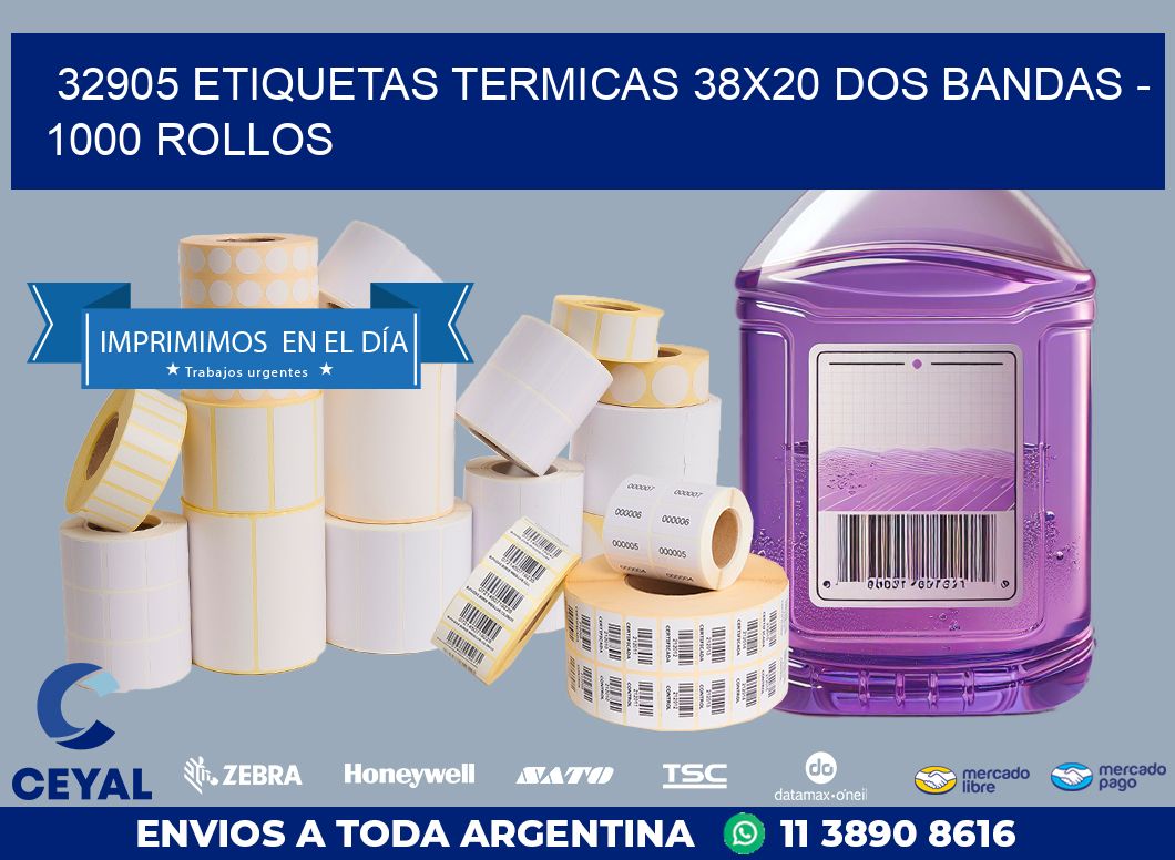 32905 ETIQUETAS TERMICAS 38X20 DOS BANDAS – 1000 ROLLOS