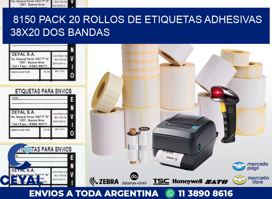 8150 PACK 20 ROLLOS DE ETIQUETAS ADHESIVAS 38X20 DOS BANDAS