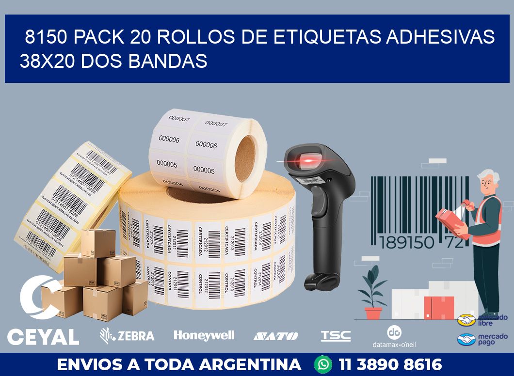 8150 PACK 20 ROLLOS DE ETIQUETAS ADHESIVAS 38X20 DOS BANDAS