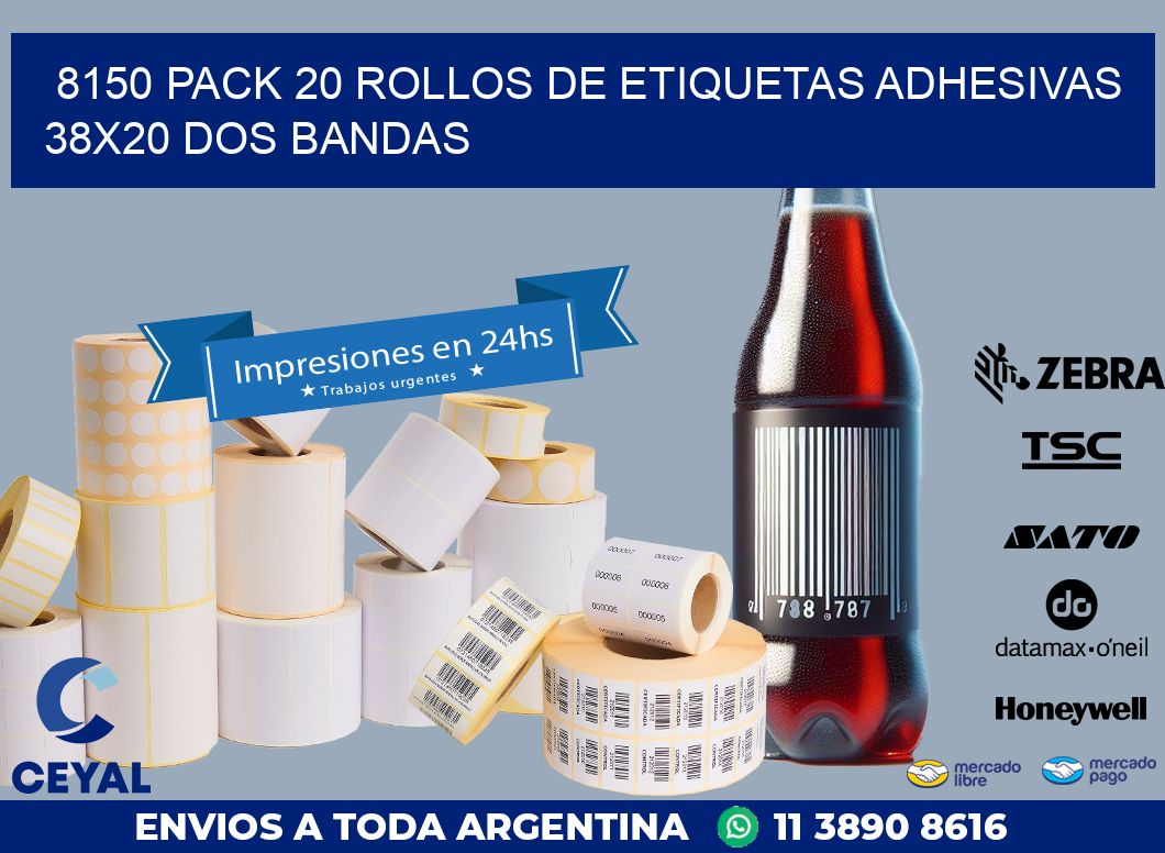 8150 PACK 20 ROLLOS DE ETIQUETAS ADHESIVAS 38X20 DOS BANDAS