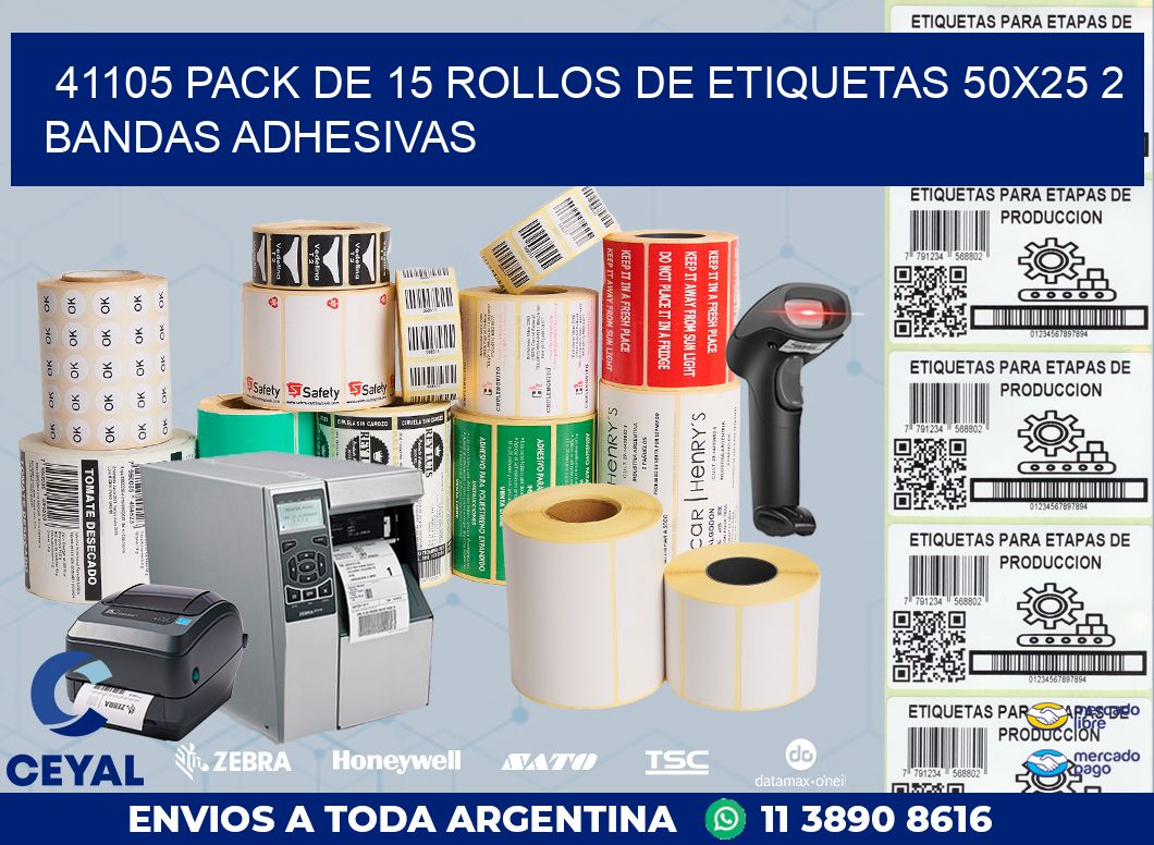 41105 PACK DE 15 ROLLOS DE ETIQUETAS 50X25 2 BANDAS ADHESIVAS