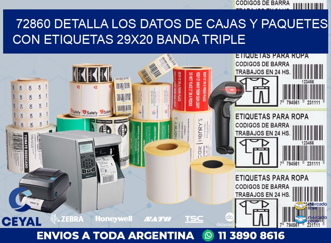 72860 DETALLA LOS DATOS DE CAJAS Y PAQUETES CON ETIQUETAS 29X20 BANDA TRIPLE