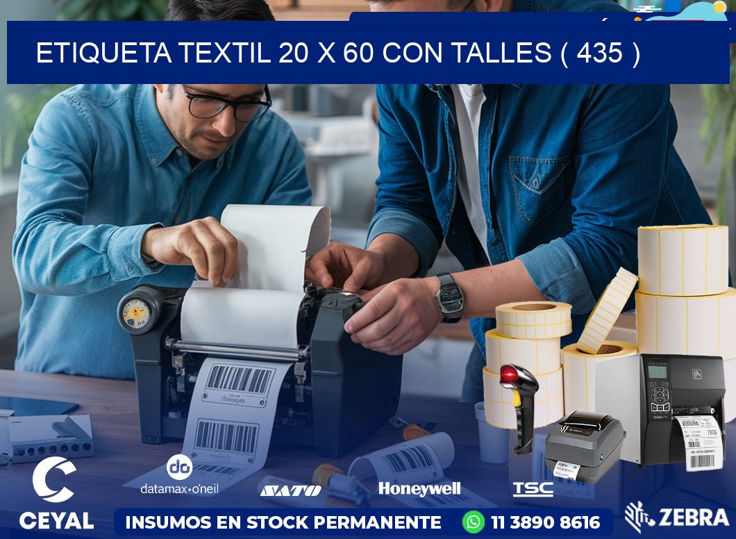 ETIQUETA TEXTIL 20 X 60 CON TALLES ( 435 )