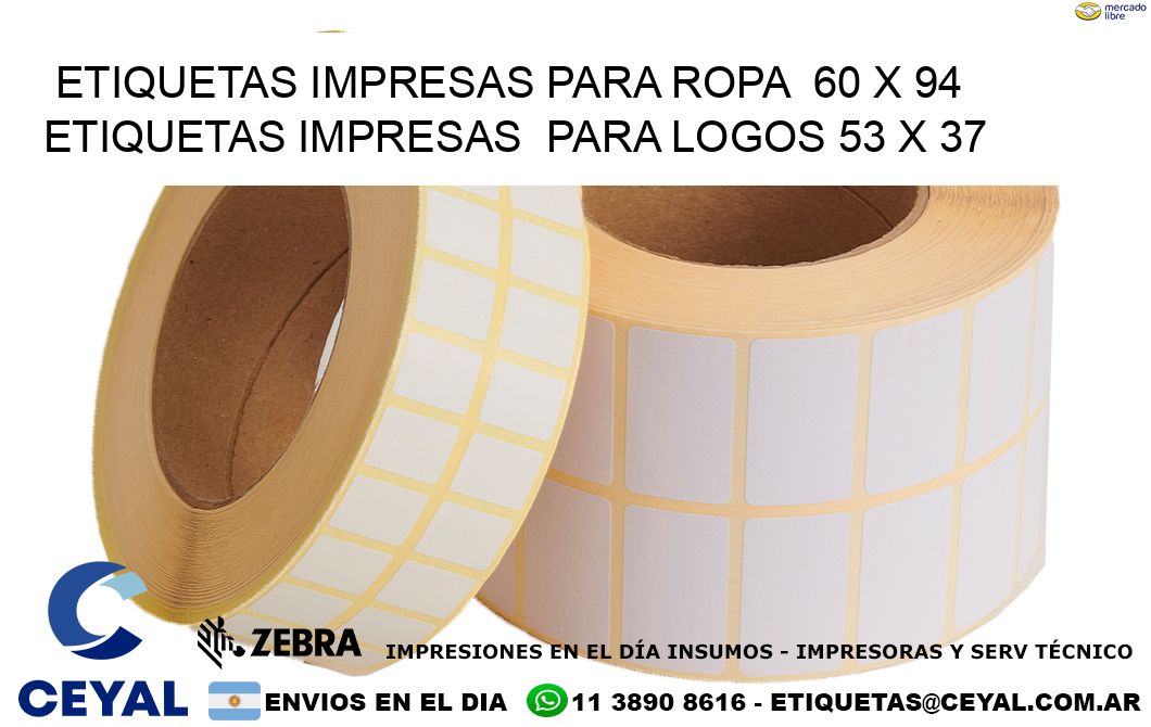 ETIQUETAS IMPRESAS PARA ROPA  60 x 94 ETIQUETAS IMPRESAS  PARA LOGOS 53 x 37