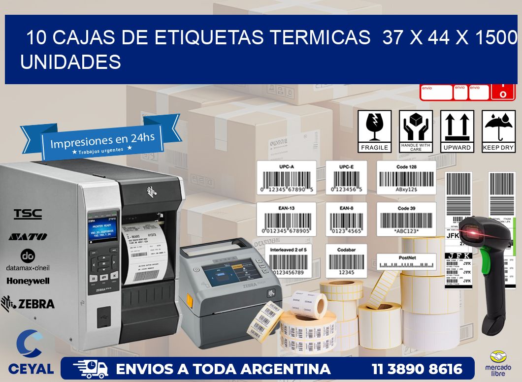 10 CAJAS DE ETIQUETAS TERMICAS  37 x 44 X 1500 UNIDADES