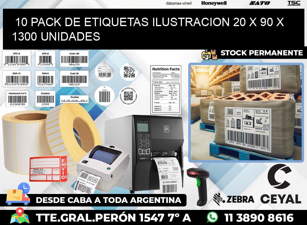 10 PACK DE ETIQUETAS ILUSTRACION 20 x 90 X 1300 UNIDADES