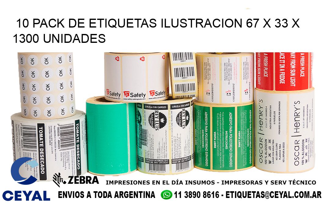 10 PACK DE ETIQUETAS ILUSTRACION 67 x 33 X 1300 UNIDADES