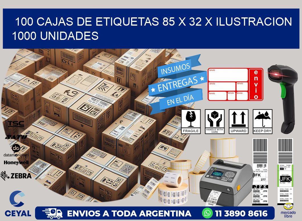 100 CAJAS DE ETIQUETAS 85 x 32 X ILUSTRACION 1000 UNIDADES