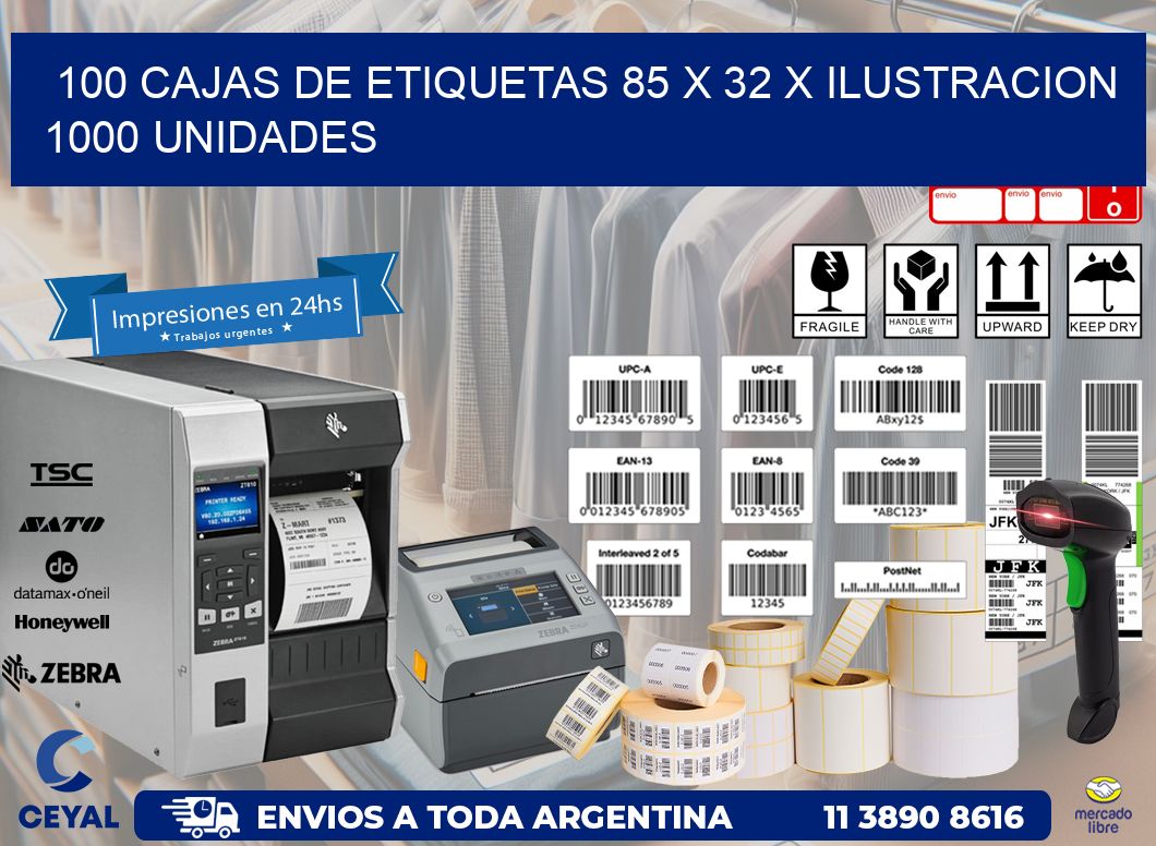 100 CAJAS DE ETIQUETAS 85 x 32 X ILUSTRACION 1000 UNIDADES