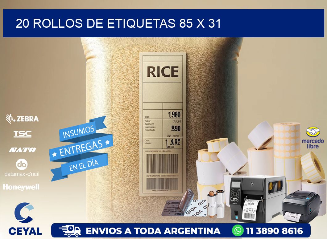 20 ROLLOS DE ETIQUETAS 85 x 31