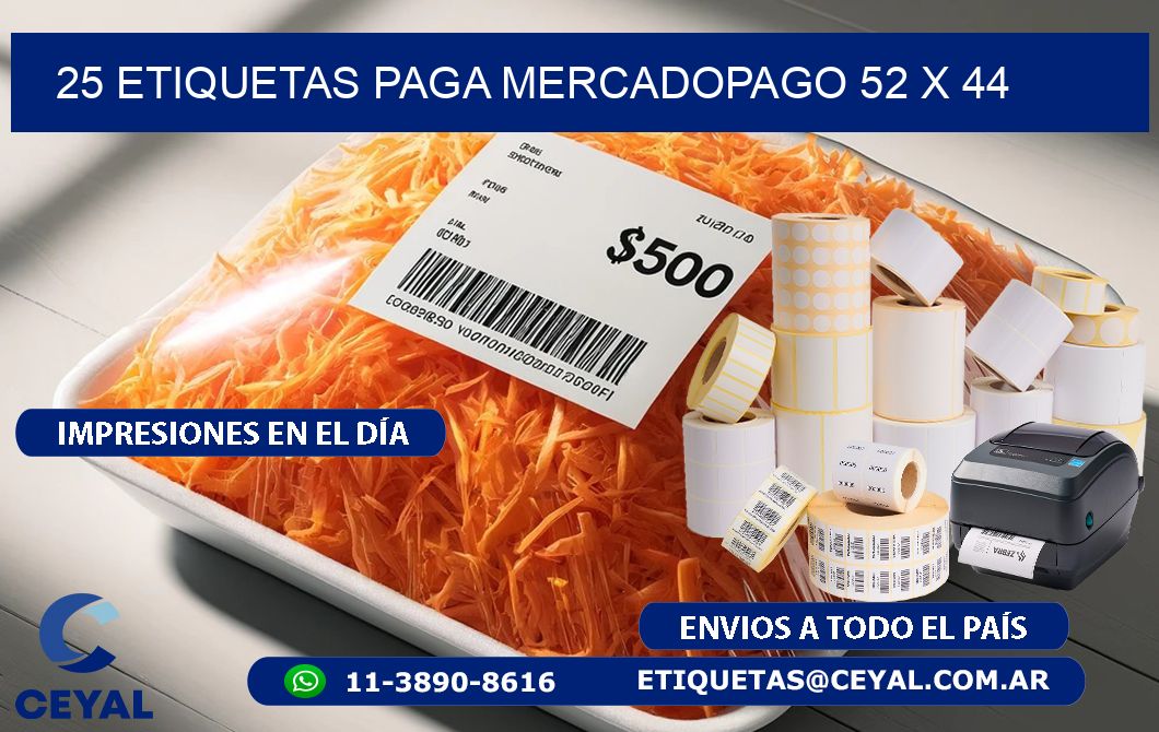 25 ETIQUETAS PAGA MERCADOPAGO 52 x 44