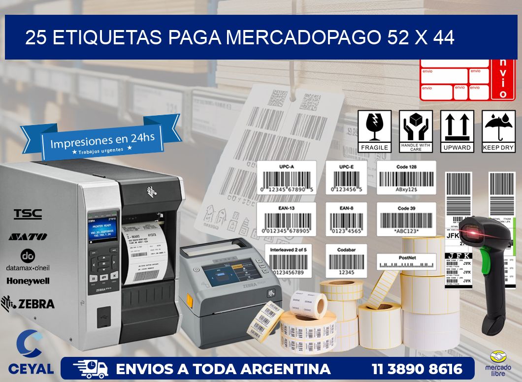 25 ETIQUETAS PAGA MERCADOPAGO 52 x 44