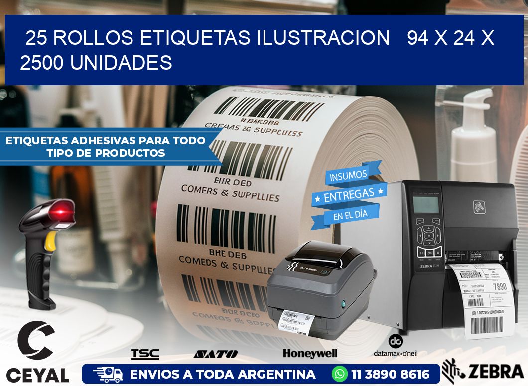 25 ROLLOS ETIQUETAS ILUSTRACION   94 x 24 X 2500 UNIDADES