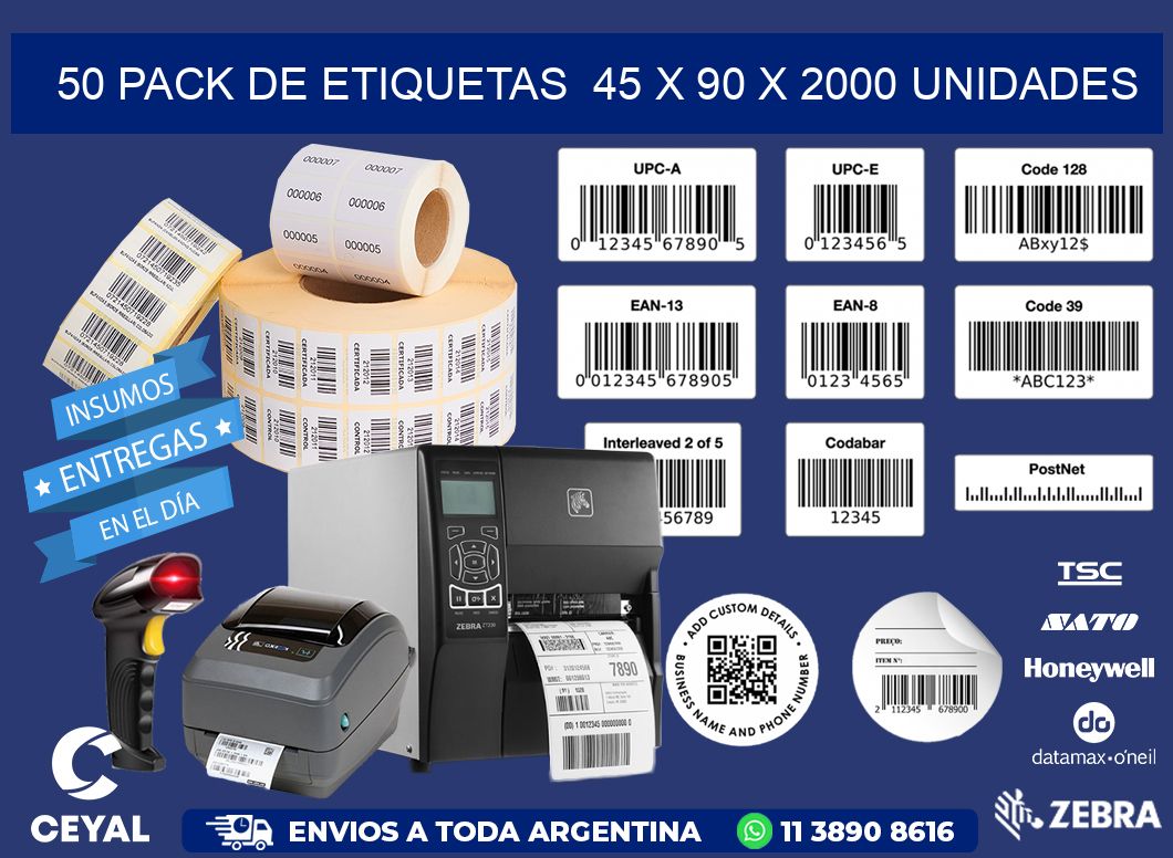 50 PACK DE ETIQUETAS  45 x 90 X 2000 UNIDADES