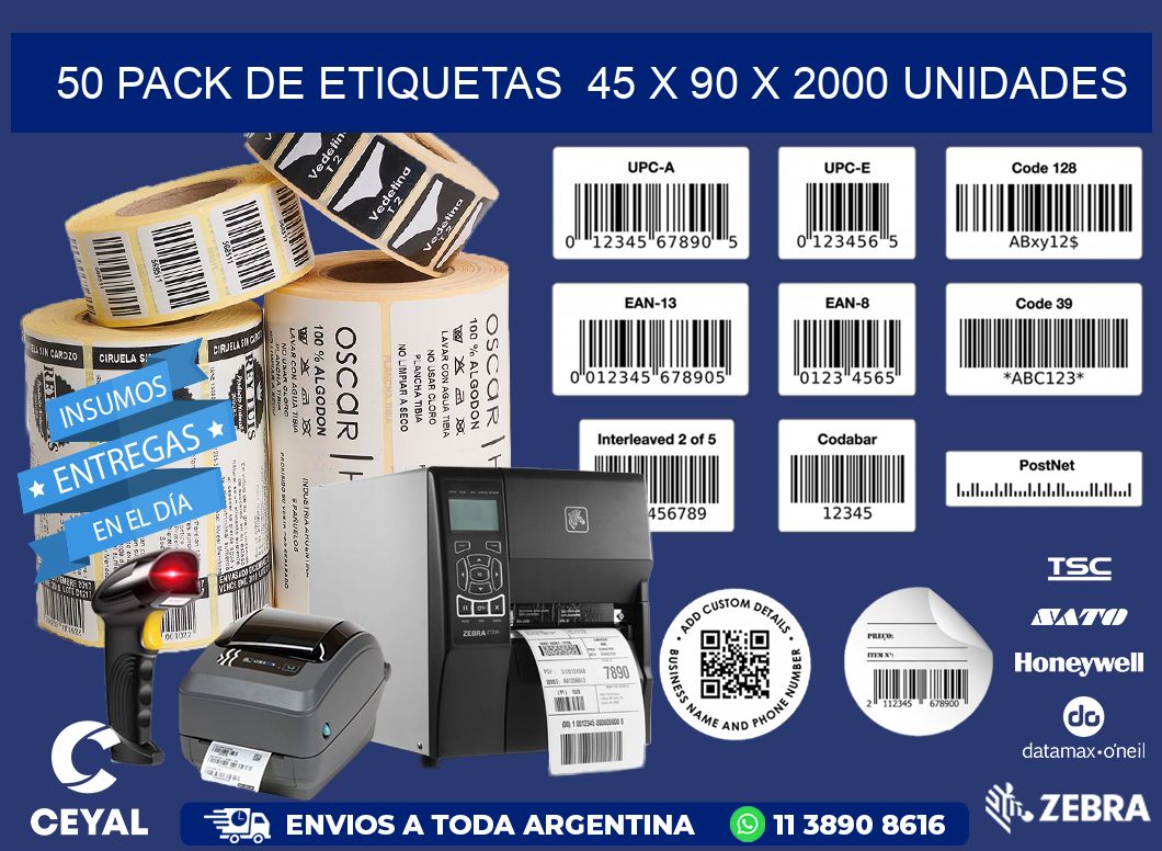 50 PACK DE ETIQUETAS  45 x 90 X 2000 UNIDADES