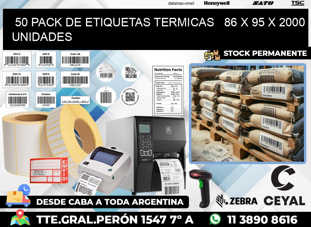 50 PACK DE ETIQUETAS TERMICAS   86 x 95 X 2000 UNIDADES