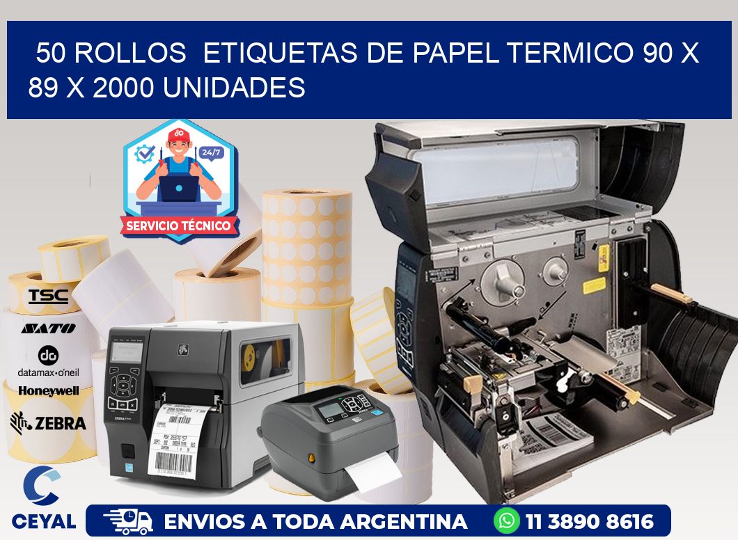 50 ROLLOS  ETIQUETAS DE PAPEL TERMICO 90 x 89 X 2000 UNIDADES