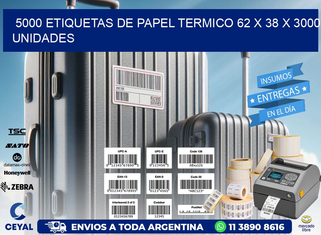 5000 ETIQUETAS DE PAPEL TERMICO 62 x 38 X 3000 UNIDADES