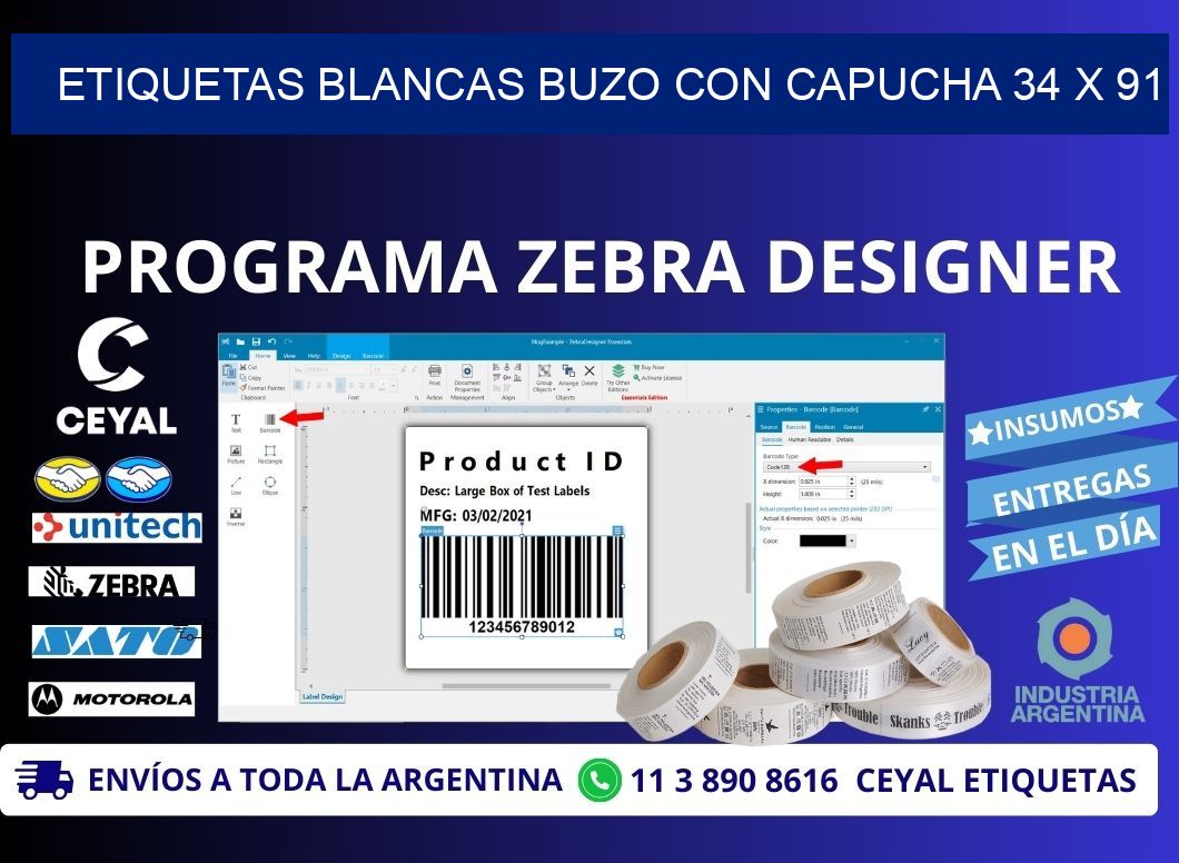 ETIQUETAS BLANCAS BUZO CON CAPUCHA 34 x 91