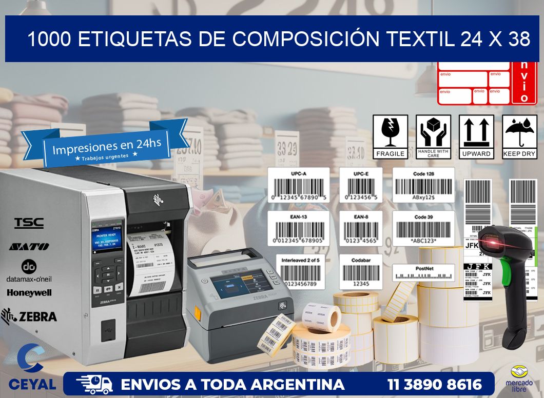 1000 ETIQUETAS DE COMPOSICIÓN TEXTIL 24 x 38