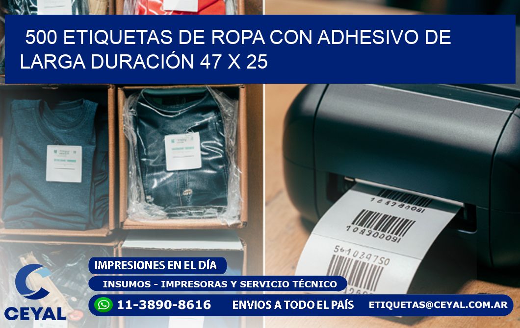 500 ETIQUETAS DE ROPA CON ADHESIVO DE LARGA DURACIÓN 47 x 25