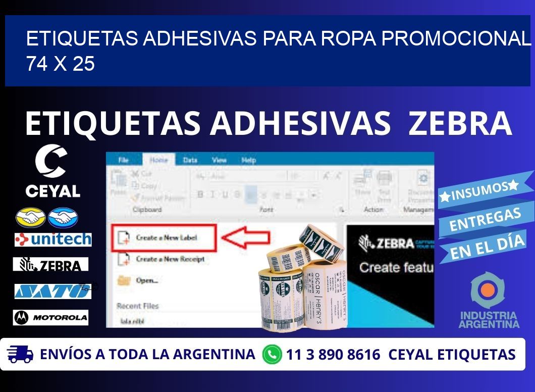 ETIQUETAS ADHESIVAS PARA ROPA PROMOCIONAL  74 x 25