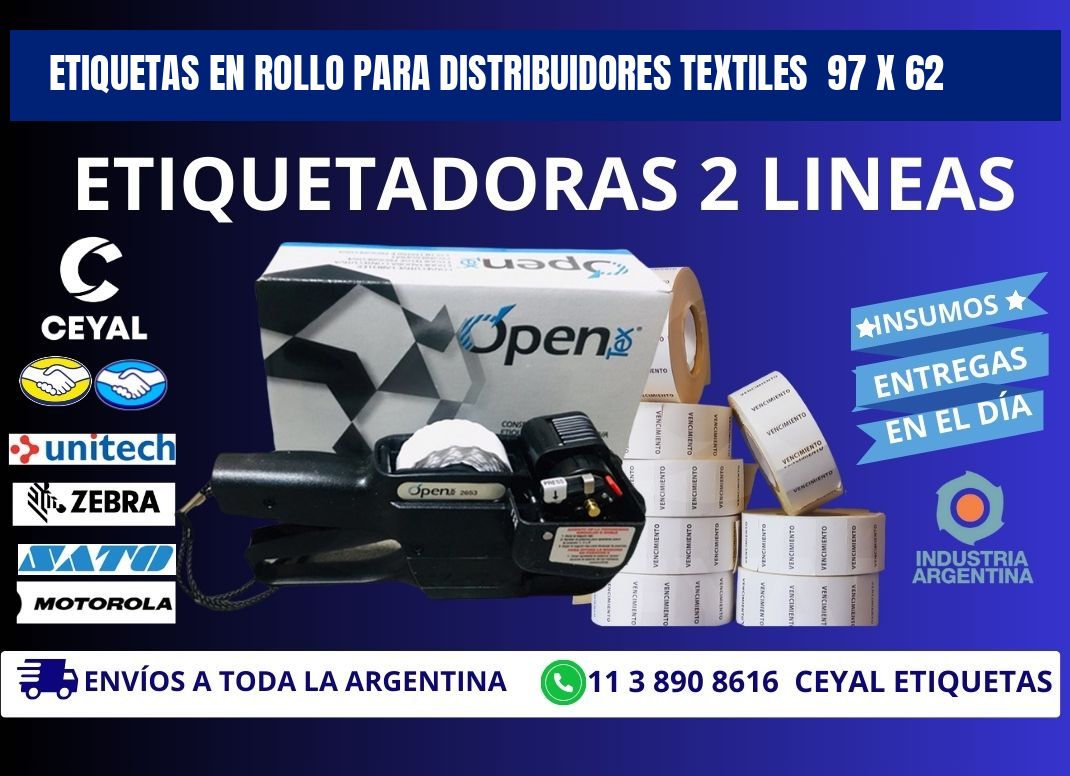 ETIQUETAS EN ROLLO PARA DISTRIBUIDORES TEXTILES  97 x 62