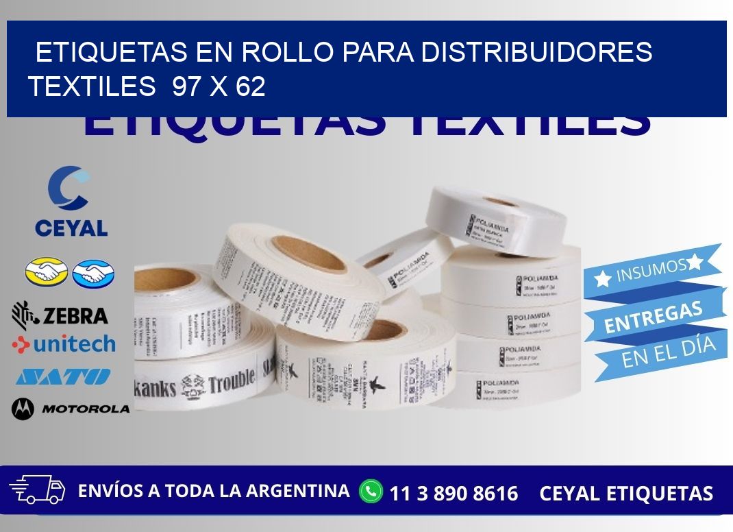 ETIQUETAS EN ROLLO PARA DISTRIBUIDORES TEXTILES  97 x 62