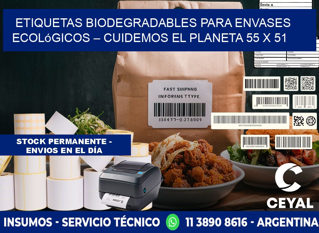 Etiquetas biodegradables para envases ecológicos – Cuidemos el planeta 55 x 51