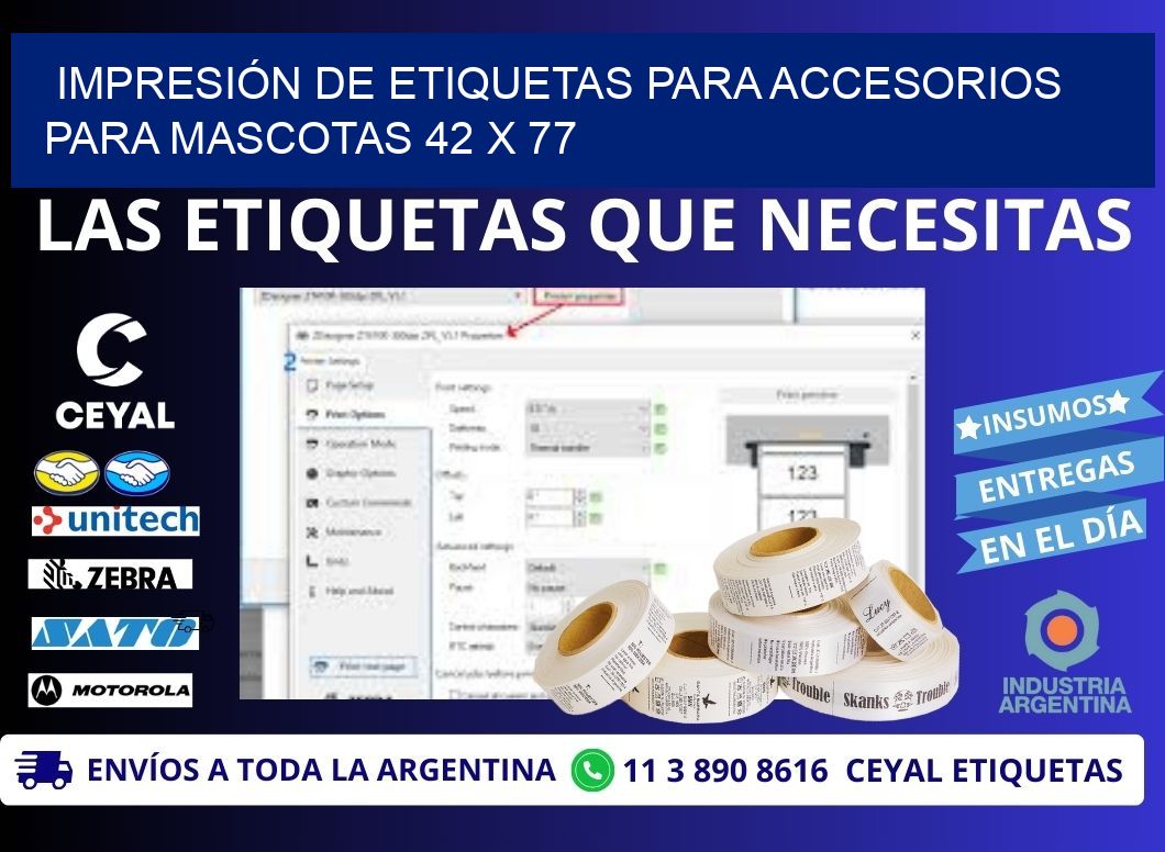 IMPRESIÓN DE ETIQUETAS PARA ACCESORIOS PARA MASCOTAS 42 x 77