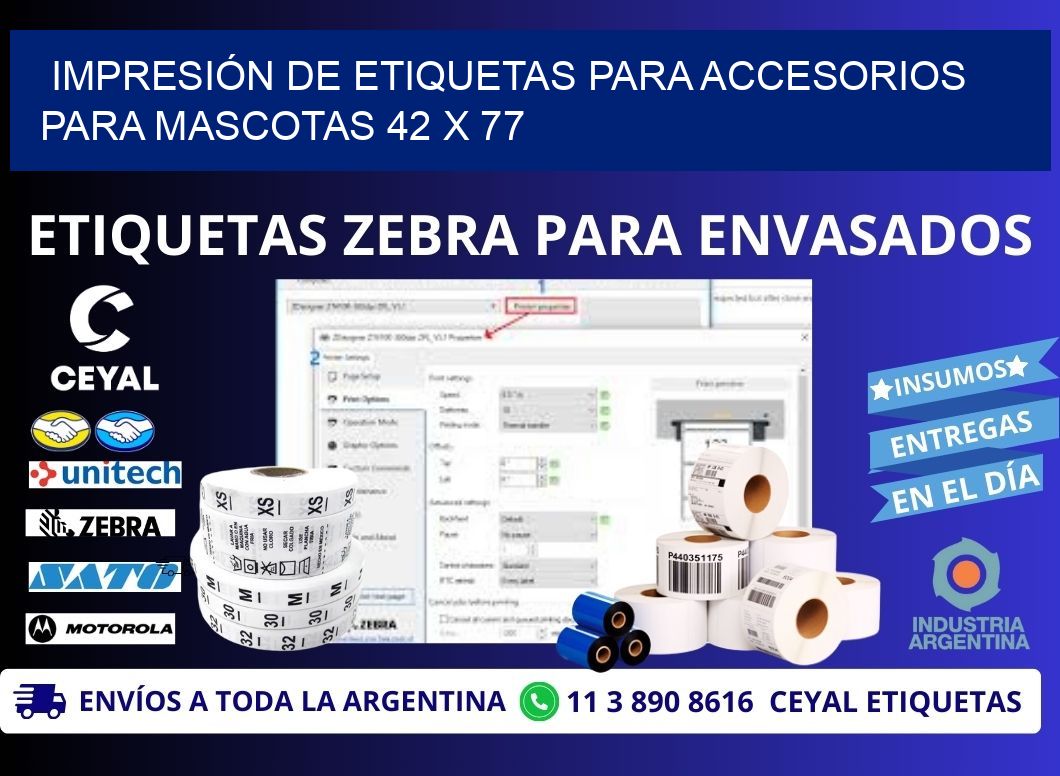 IMPRESIÓN DE ETIQUETAS PARA ACCESORIOS PARA MASCOTAS 42 x 77