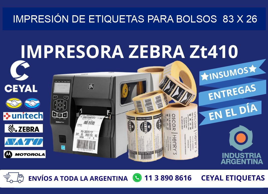 IMPRESIÓN DE ETIQUETAS PARA BOLSOS  83 x 26