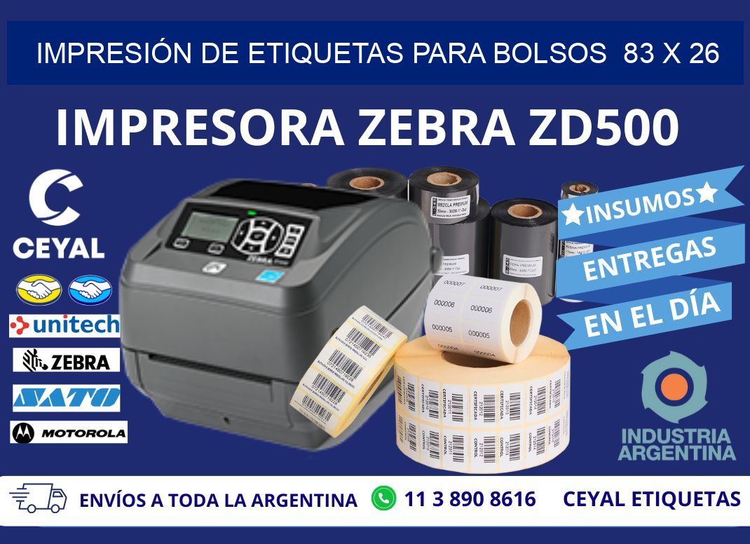 IMPRESIÓN DE ETIQUETAS PARA BOLSOS  83 x 26