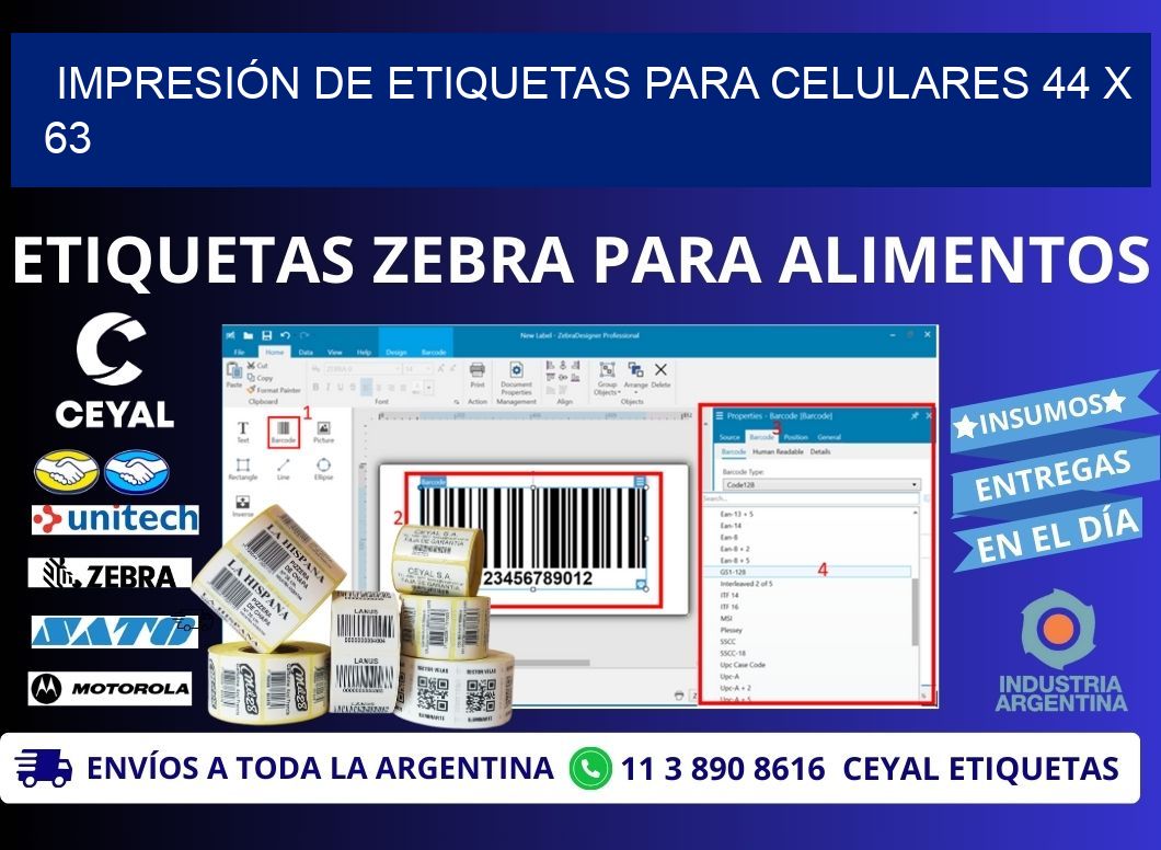 IMPRESIÓN DE ETIQUETAS PARA CELULARES 44 x 63