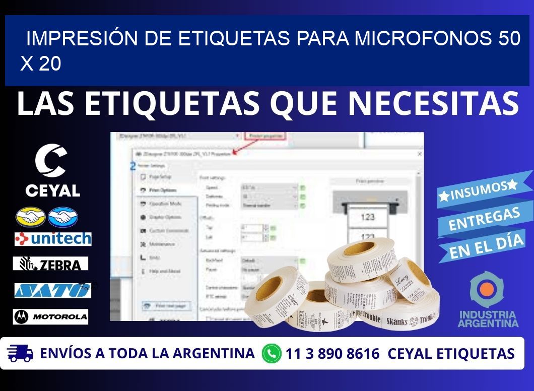 IMPRESIÓN DE ETIQUETAS PARA MICROFONOS 50 x 20