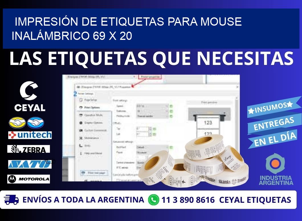 IMPRESIÓN DE ETIQUETAS PARA MOUSE INALÁMBRICO 69 x 20