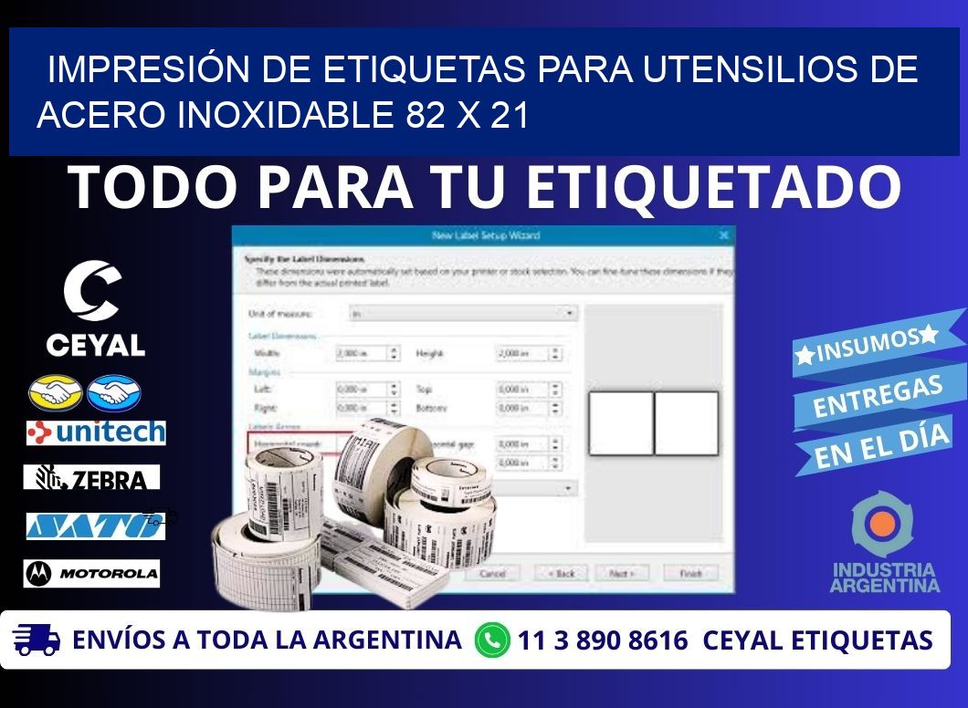 IMPRESIÓN DE ETIQUETAS PARA UTENSILIOS DE ACERO INOXIDABLE 82 x 21