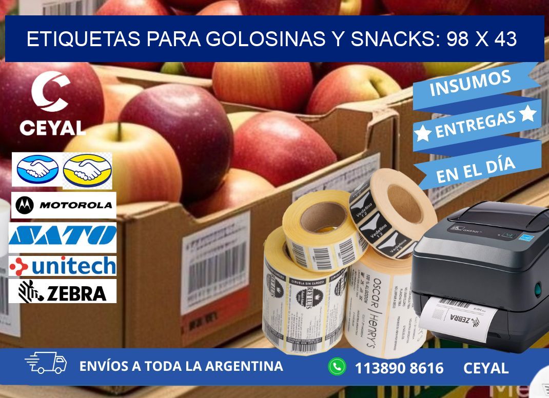 ETIQUETAS PARA GOLOSINAS Y SNACKS: 98 x 43