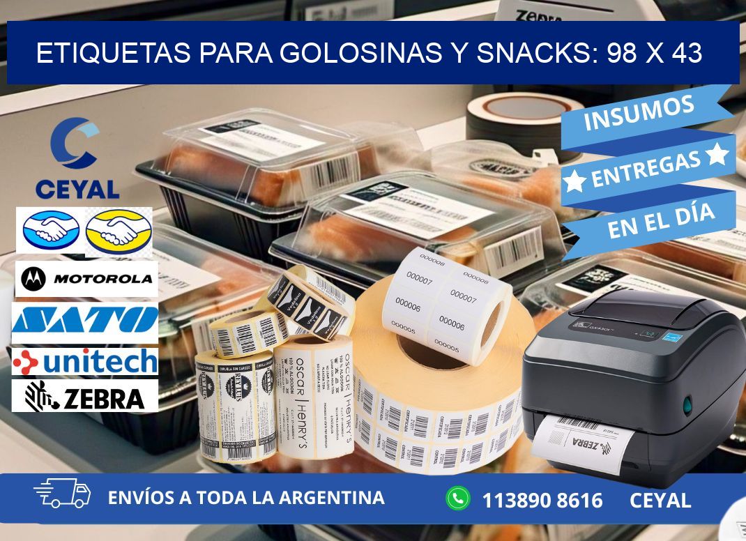 ETIQUETAS PARA GOLOSINAS Y SNACKS: 98 x 43