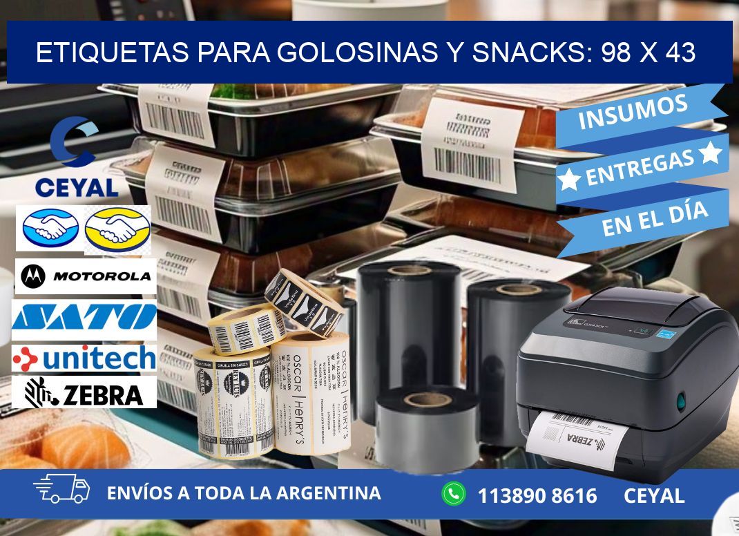 ETIQUETAS PARA GOLOSINAS Y SNACKS: 98 x 43