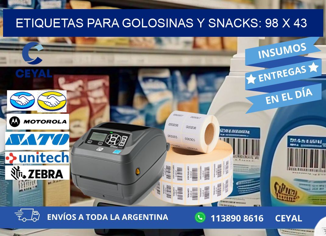 ETIQUETAS PARA GOLOSINAS Y SNACKS: 98 x 43