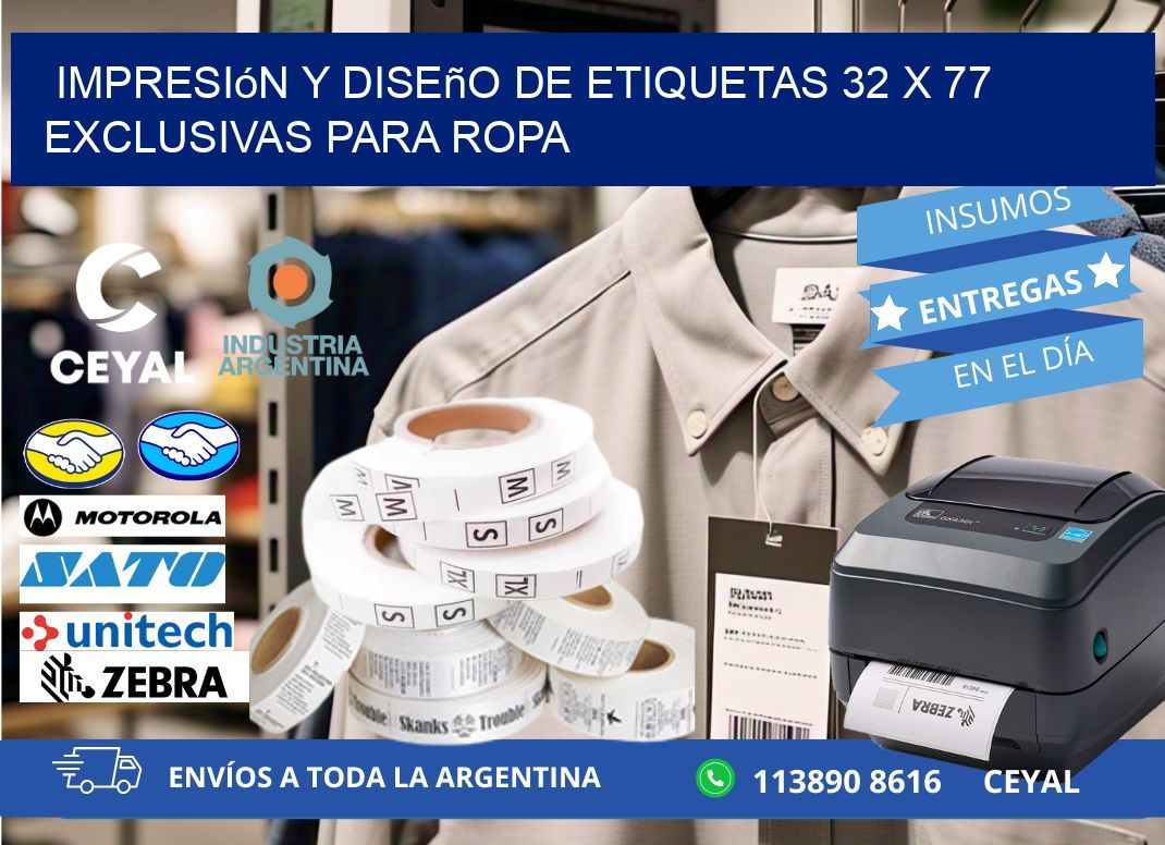 Impresión y Diseño de Etiquetas 32 x 77 Exclusivas para Ropa
