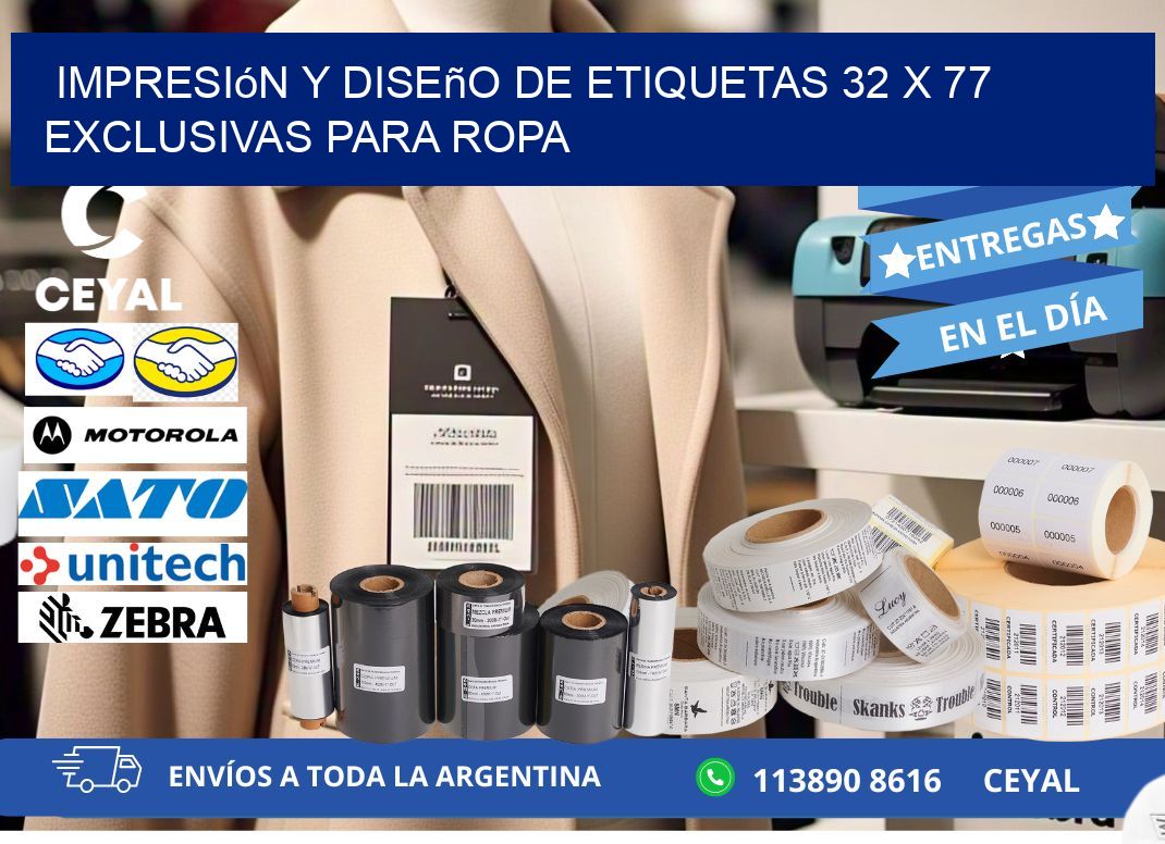 Impresión y Diseño de Etiquetas 32 x 77 Exclusivas para Ropa