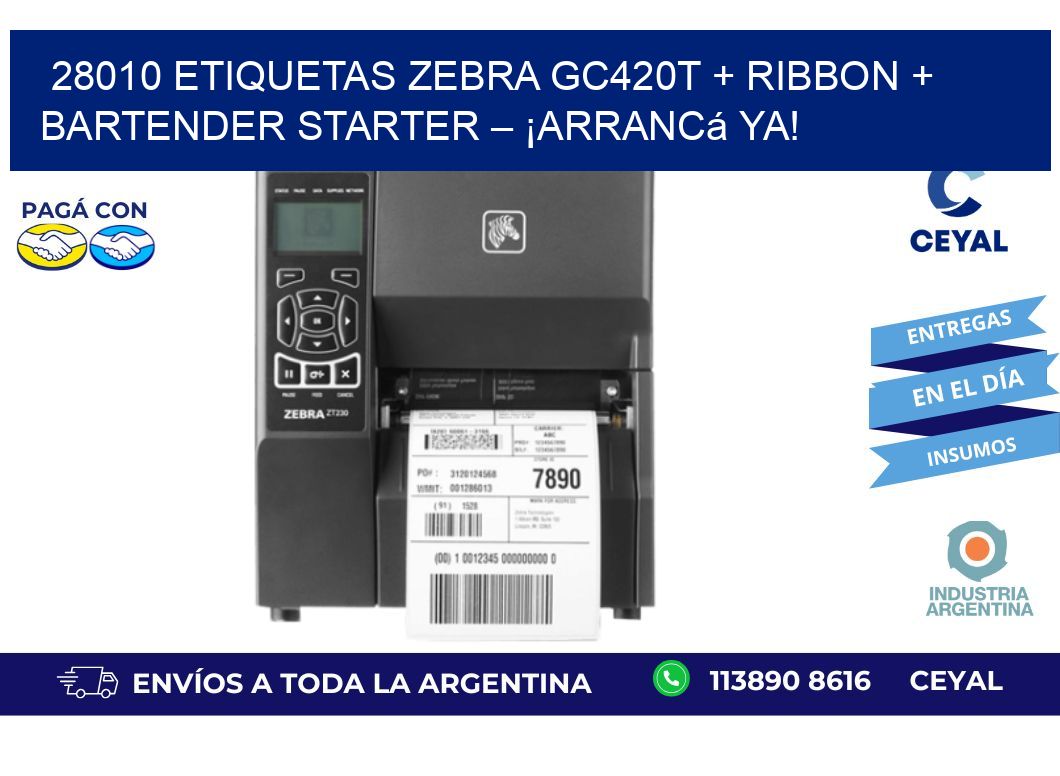 28010 ETIQUETAS Zebra GC420T + Ribbon + BarTender Starter – ¡Arrancá ya!