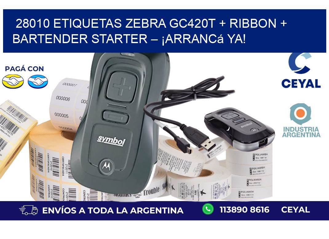 28010 ETIQUETAS Zebra GC420T + Ribbon + BarTender Starter – ¡Arrancá ya!