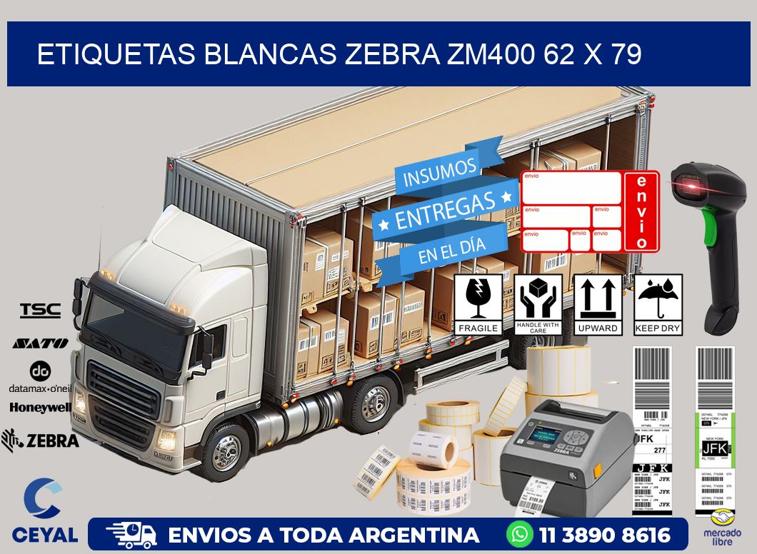 ETIQUETAS BLANCAS ZEBRA ZM400 62 x 79