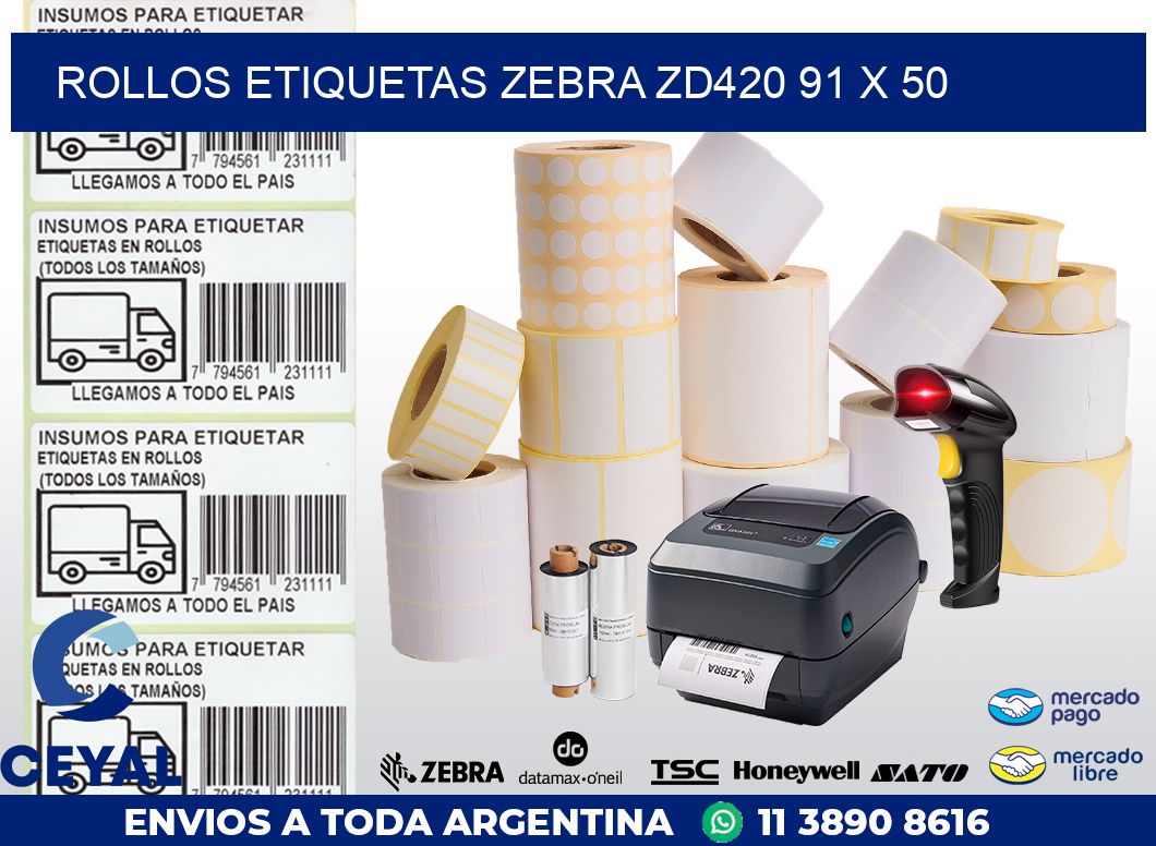 ROLLOS ETIQUETAS Zebra ZD420 91 x 50