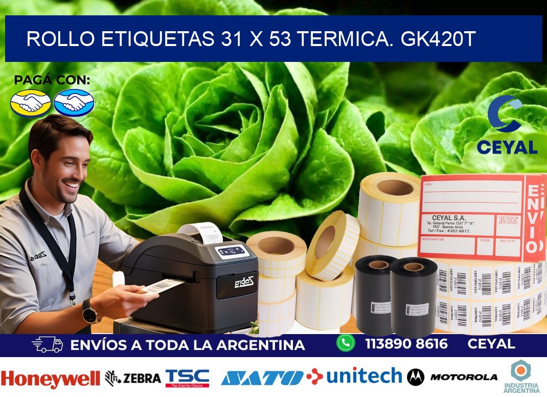 Rollo etiquetas 31 x 53 termica. gk420t